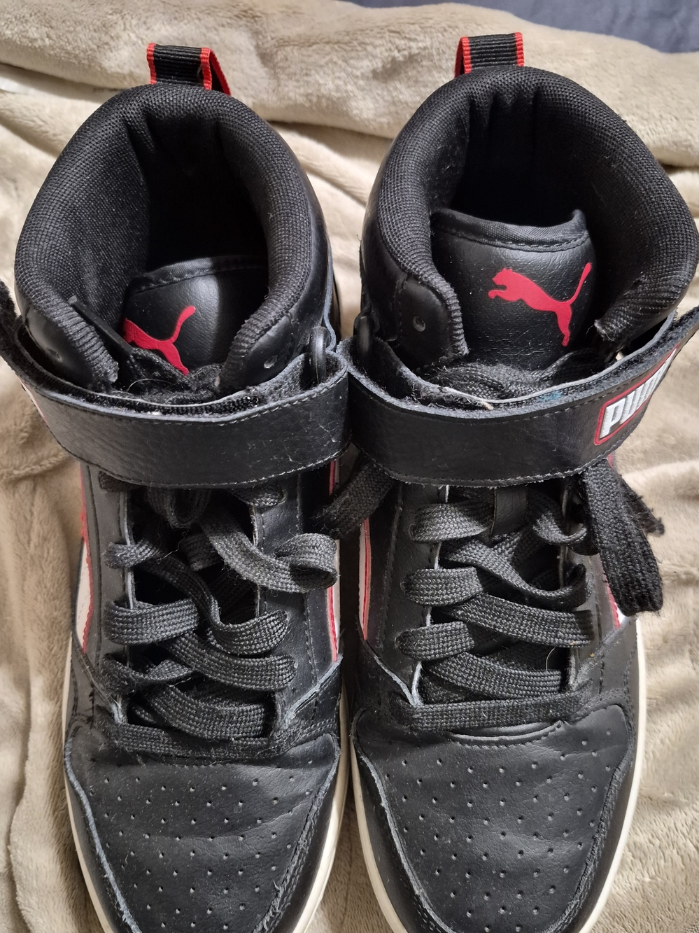 Puma Kids Black and Red High-Top Sneakers with Hook-and-Loop Strap